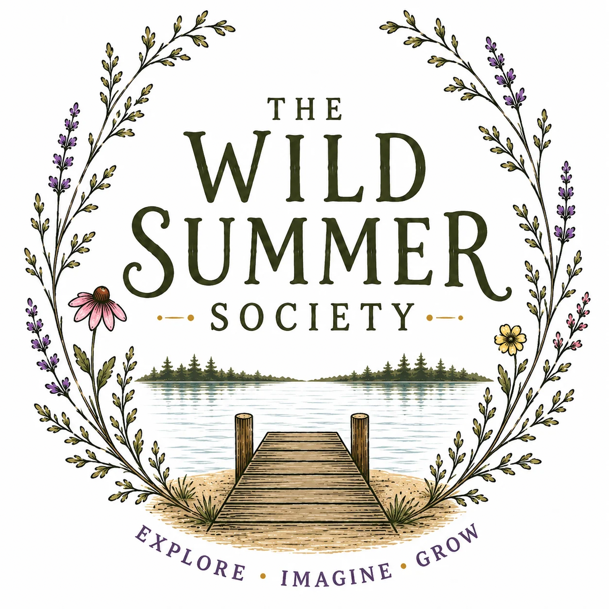 Logo for The Wild Summer Society featuring wildflowers and lake with dock.